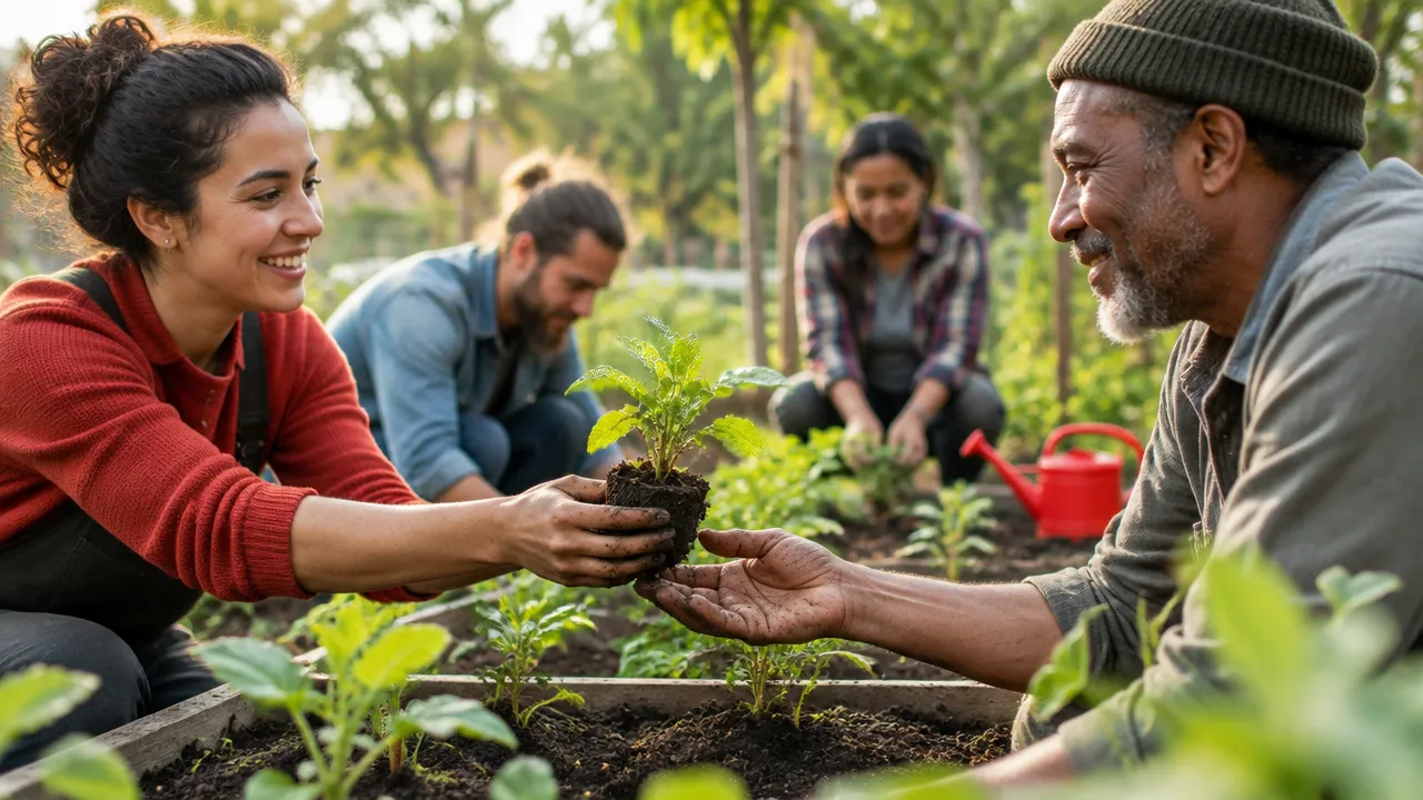 Neighbors working together to plant a seedling, showing how purpose and supportive relationships contribute to flourishing.