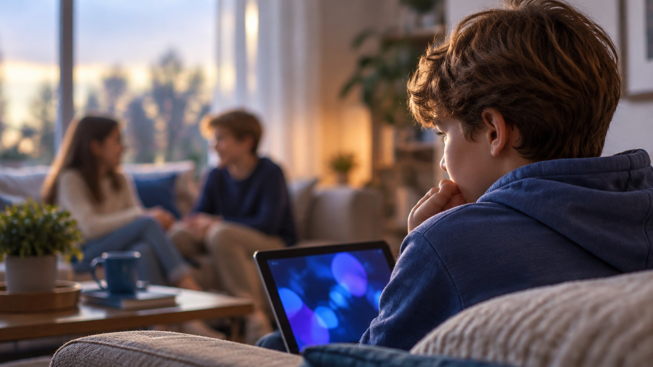 Niño observa contenido digital mientras piensa en su relación con sus compañeros