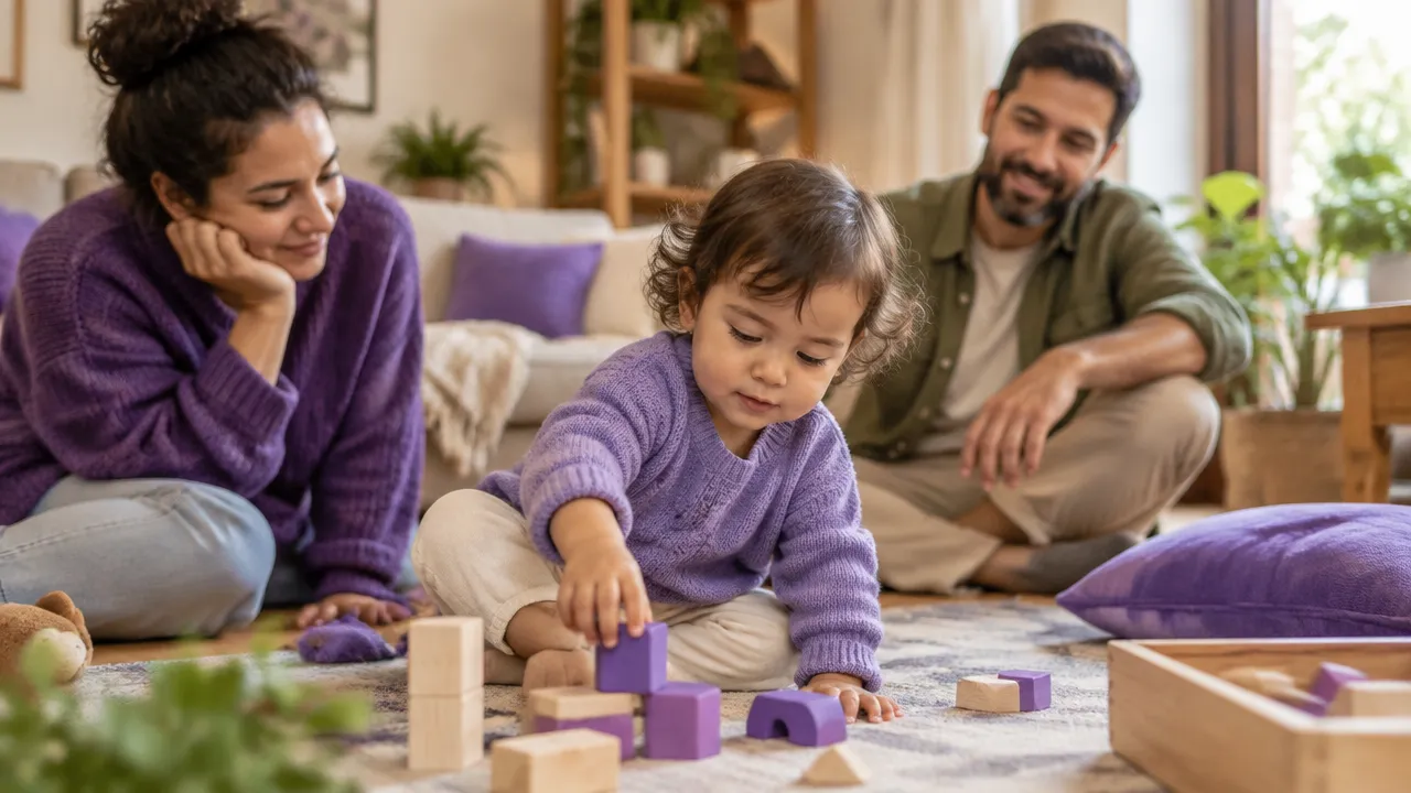Niño que explora jugando mientras dos cuidadores permanecen disponibles en un hogar
