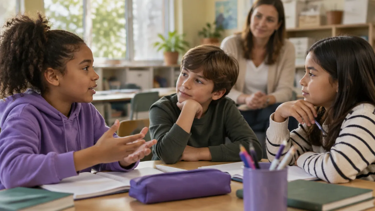 Niños conversan en grupo y escuchan distintas perspectivas para resolver un dilema moral