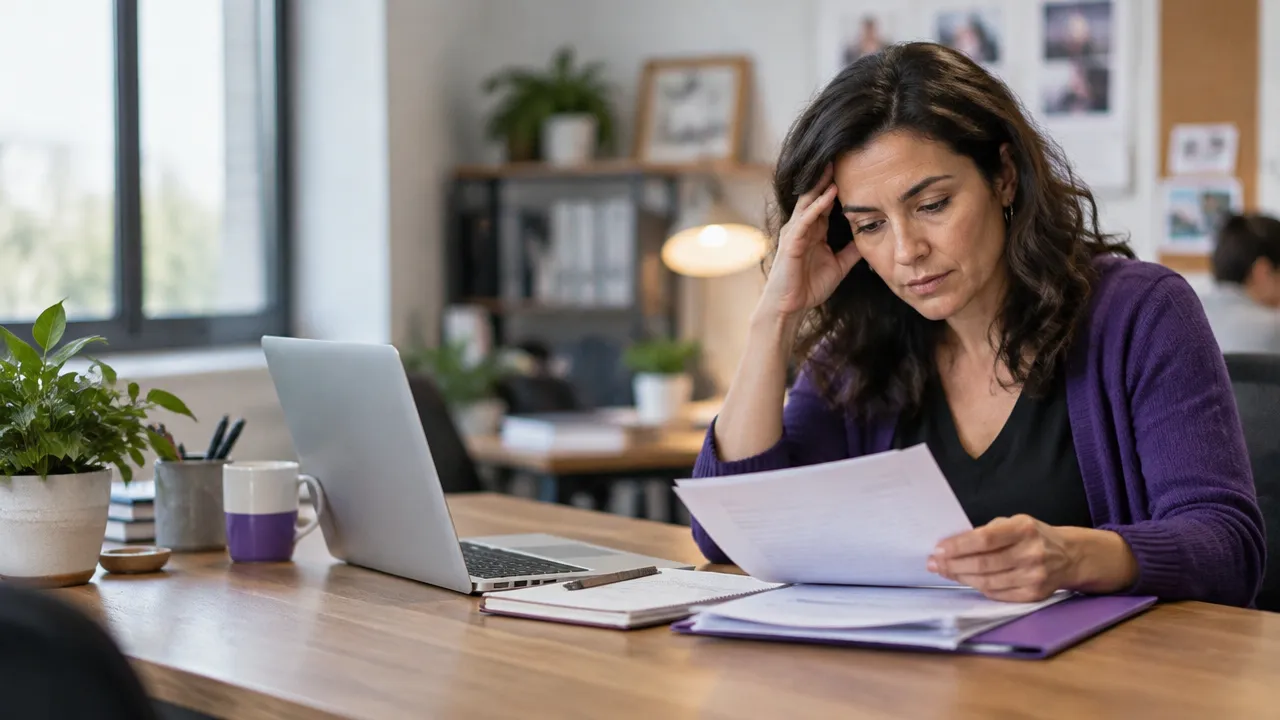Nonprofit program director pausing over grant paperwork at a shared office desk