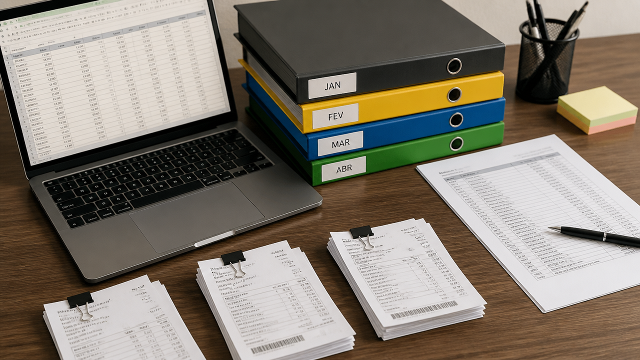 Notas fiscais e extratos bancários organizados por mês sobre mesa de escritório com notebook aberto