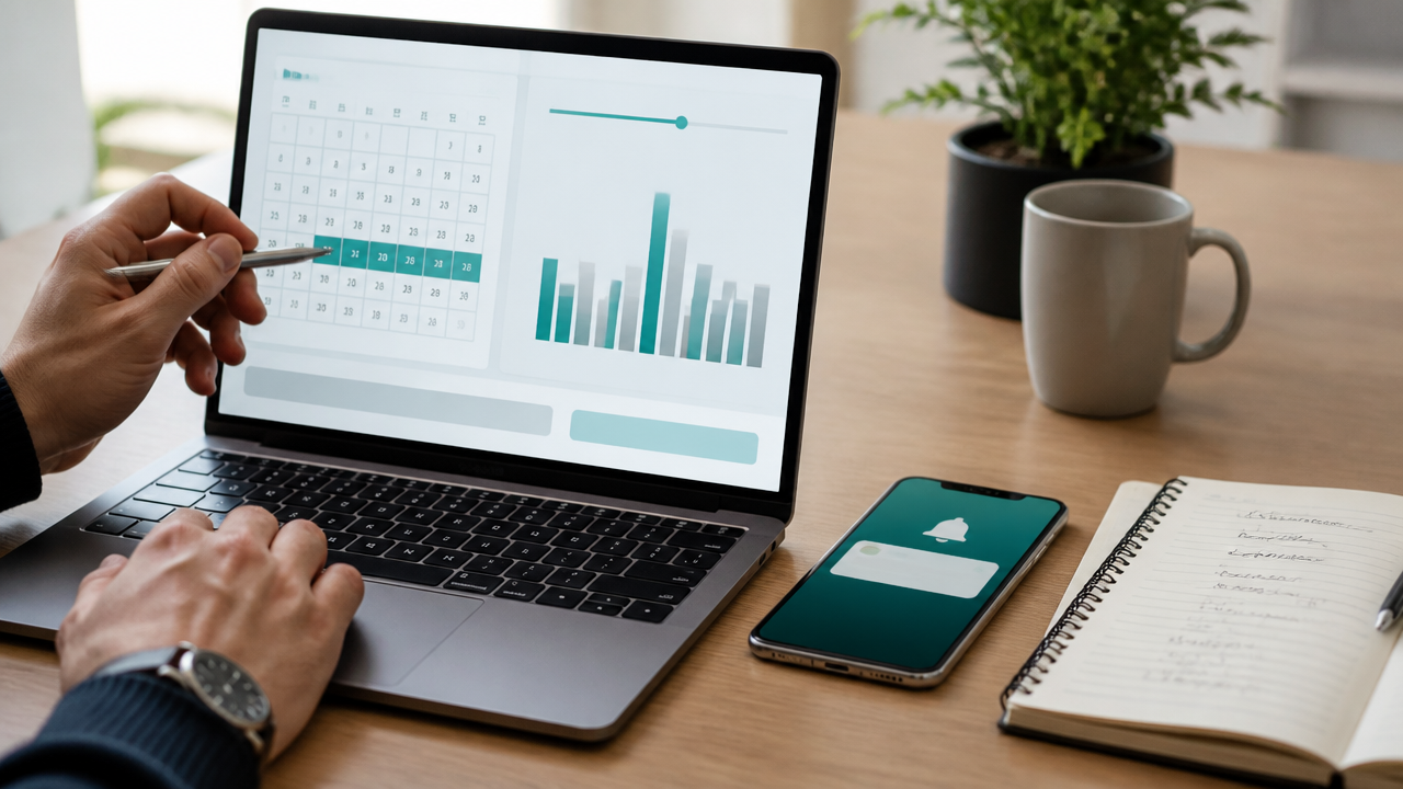 Notebook com calendário de datas flexíveis e celular com alerta de tarifa para viagem internacional