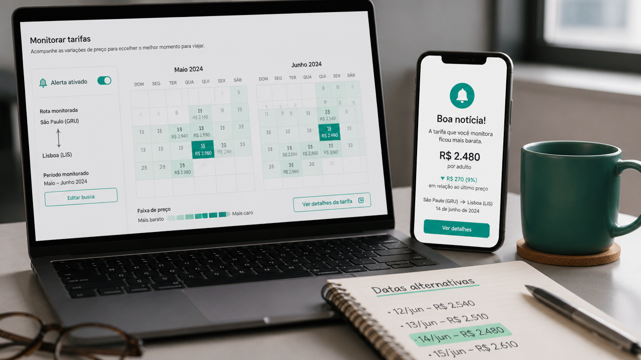 Notebook com calendário de tarifas e celular com alerta de queda de preço para voo