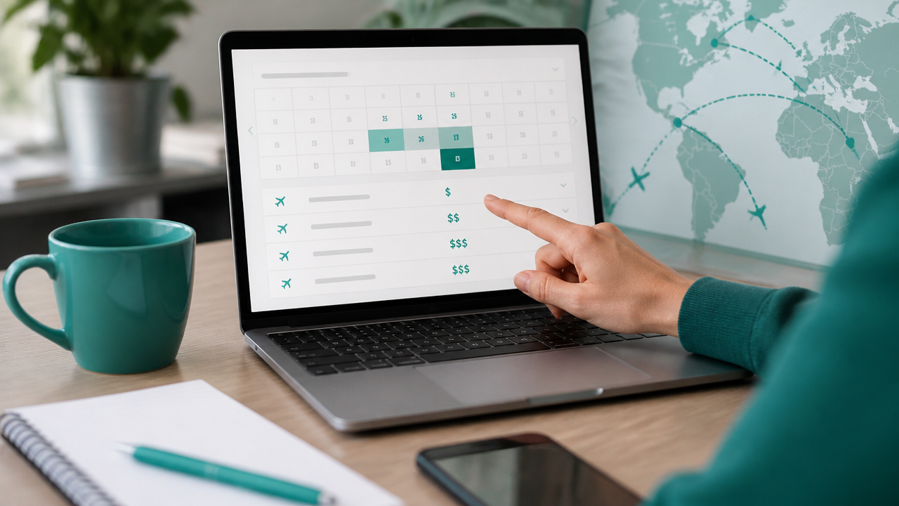 Notebook com calendário de viagem e comparação de datas para encontrar passagens aéreas mais baratas
