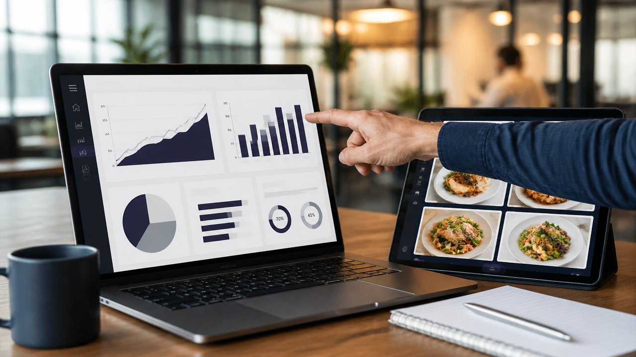 Notebook com dashboard de vendas e análise de mix de produtos para otimização de cardápio no delivery.