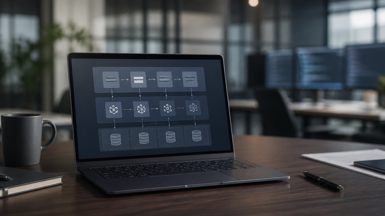 Notebook com diagrama de arquitetura de agente de IA serverless em camadas sobre mesa de trabalho técnica