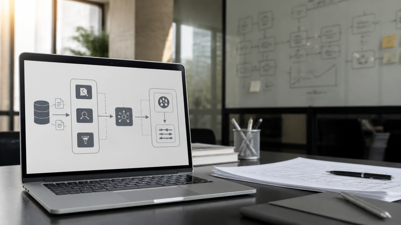 Notebook com diagrama de arquitetura de recuperação e agente em ambiente corporativo