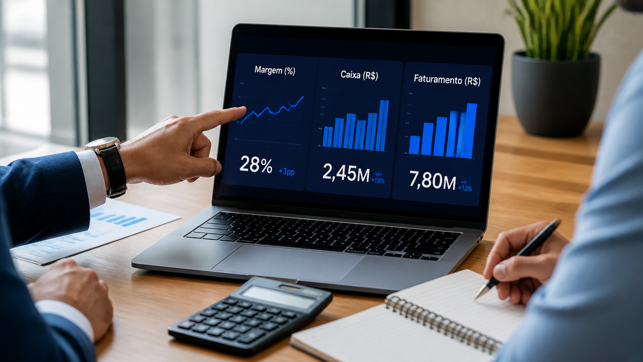 Notebook com gráficos financeiros sendo analisado em reunião de acompanhamento de resultados