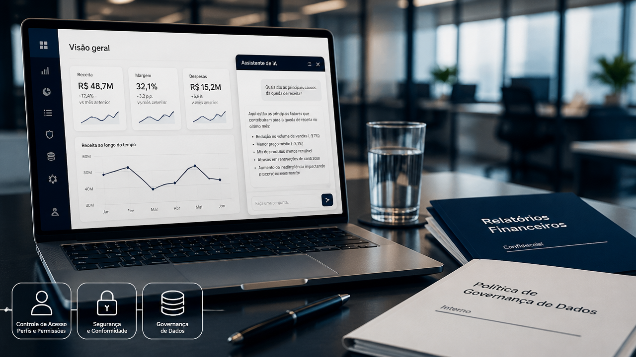 Notebook com painel corporativo e conversa com IA sobre métricas, governança e acessos
