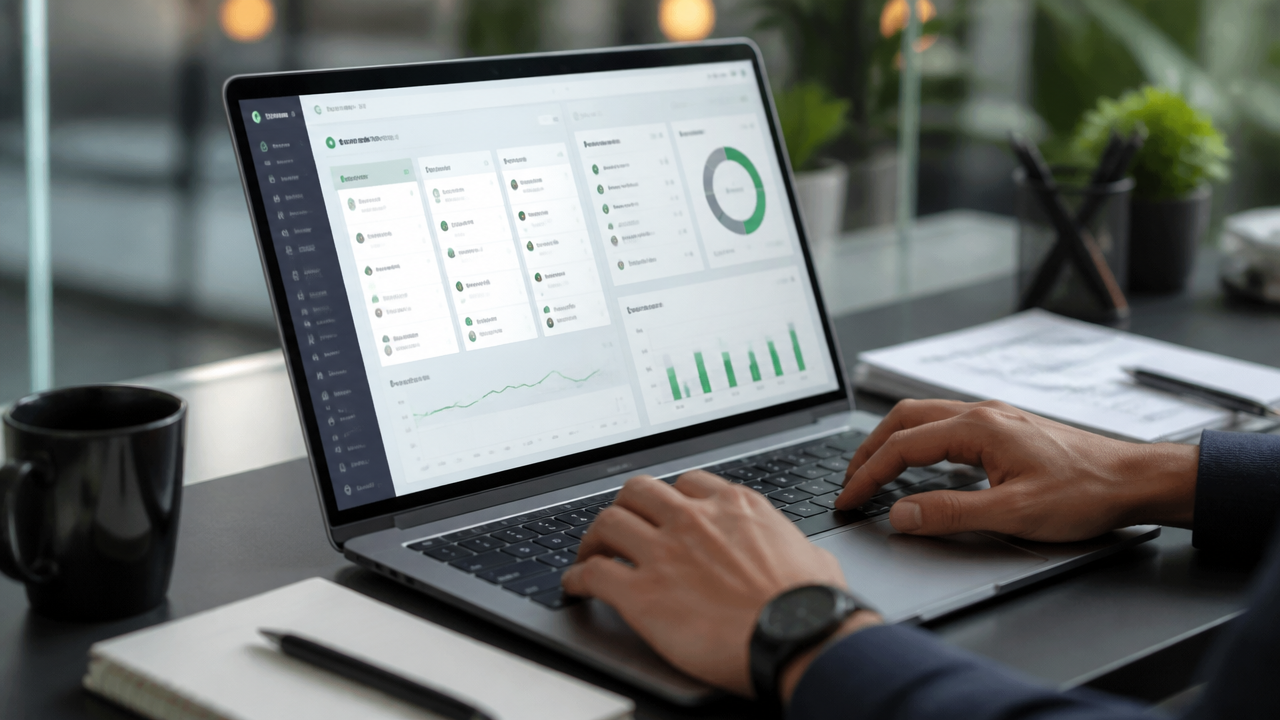 Notebook com painel de CRM e tarefas automatizadas em ambiente corporativo