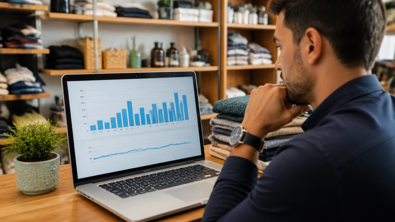 Notebook com painel de faturamento mensal sendo analisado por um lojista na loja