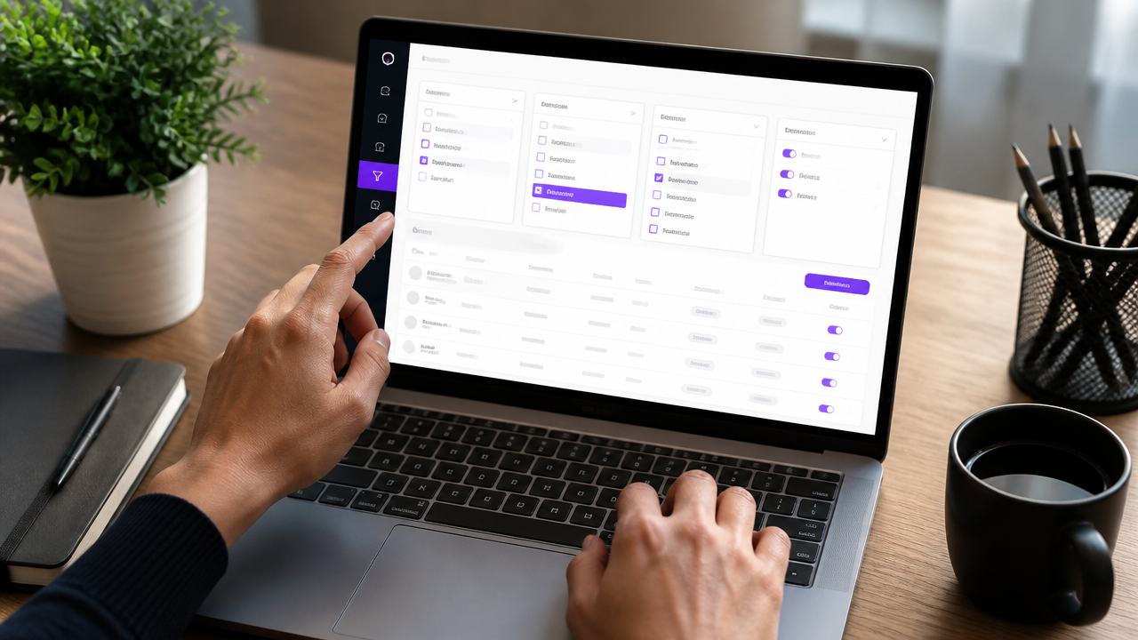 Notebook com painel de filtros comerciais por segmento, cidade e porte para prospecção B2B.