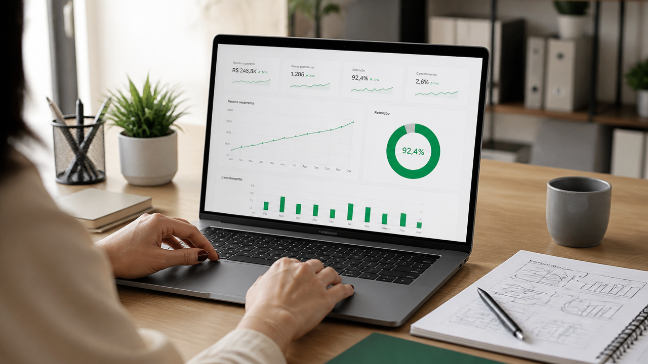 Notebook com painel de métricas de receita recorrente e retenção sendo analisado por uma mentora