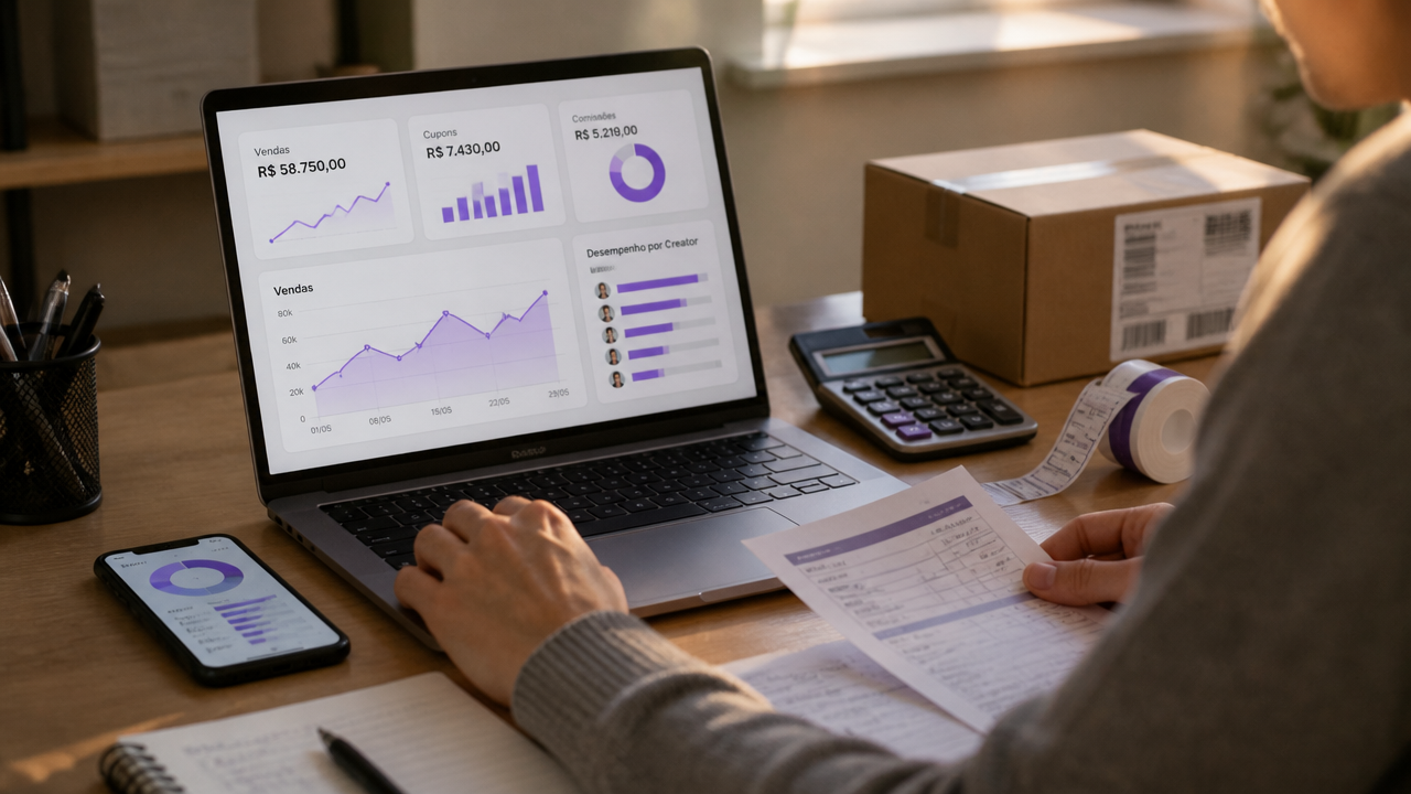 Notebook com painel de vendas e comissões sendo analisado em operação de creator marketing.