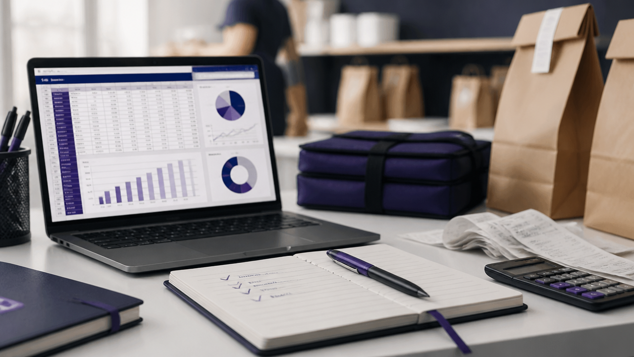 Notebook com planilha de vendas e materiais de delivery em análise de indicadores