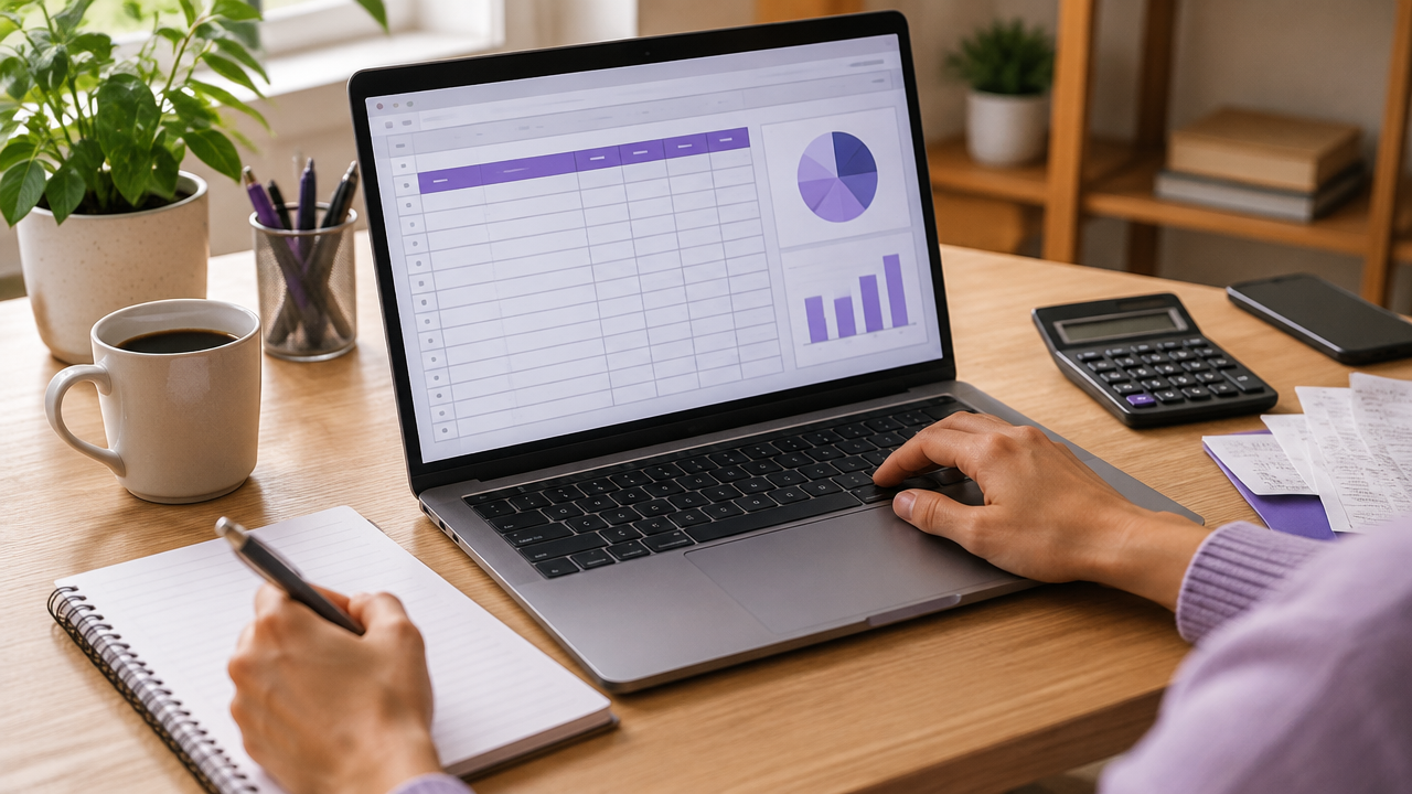 Notebook com tabela de orçamento mensal ao lado de calculadora e comprovantes