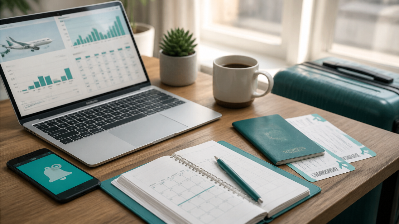 Notebook e celular com pesquisa de voos e alerta de preço sobre uma mesa de viagem