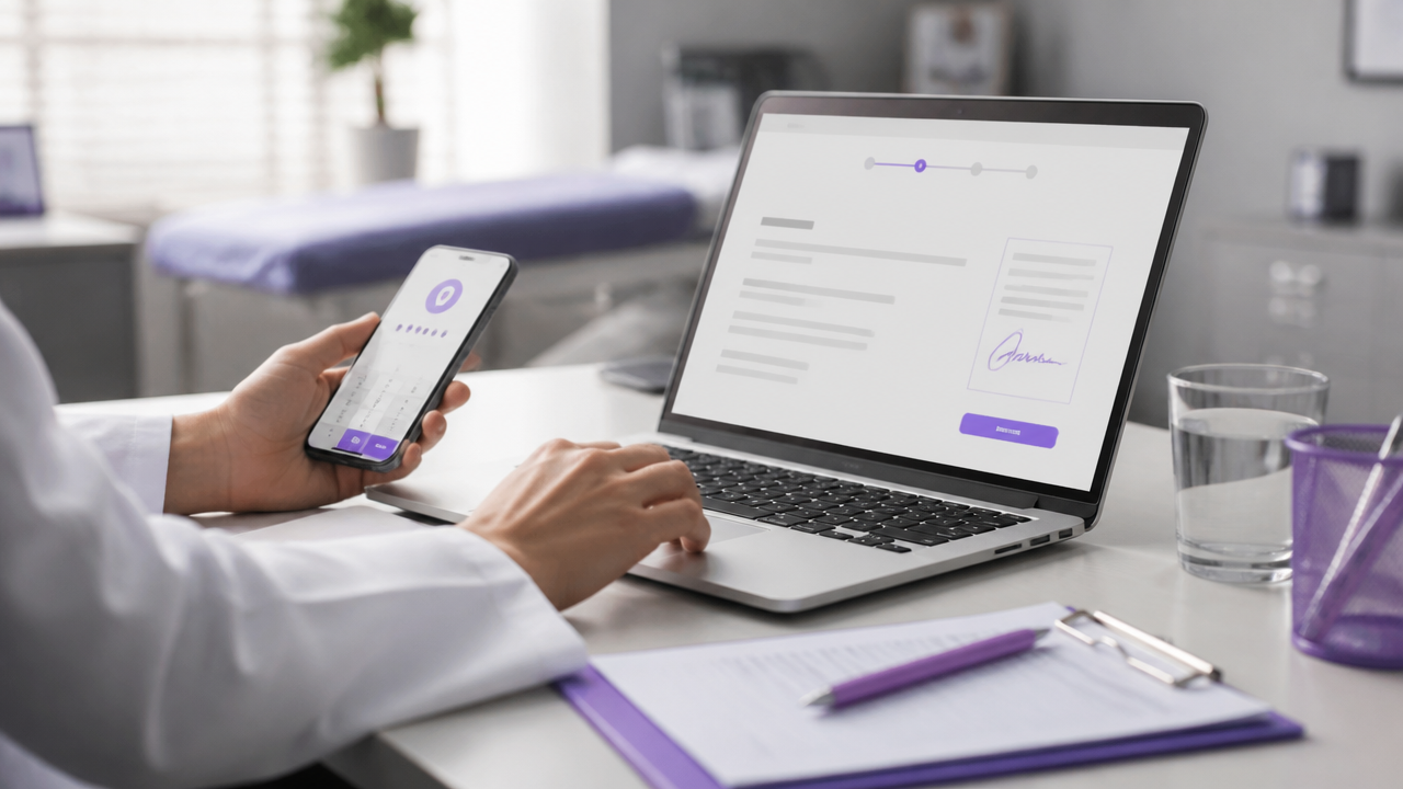 Notebook e celular usados para validar assinatura eletrônica em documentos da clínica