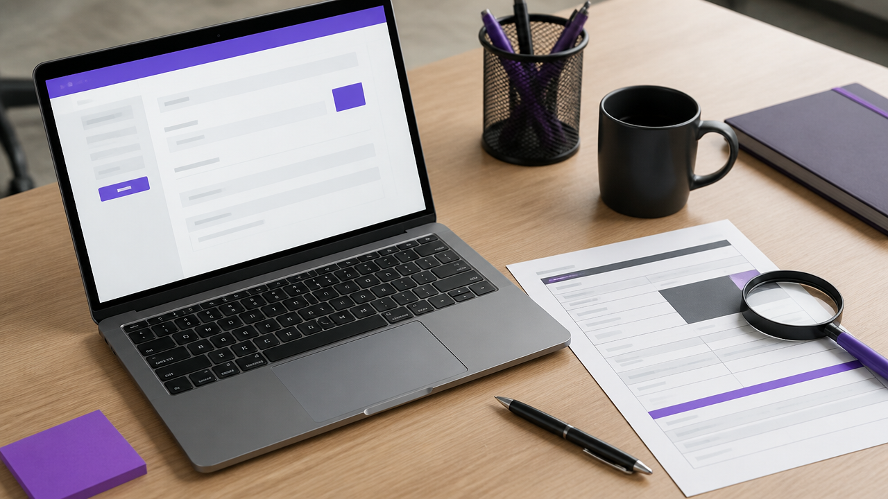 Notebook e documento impressos usados na conferência de dados cadastrais de empresa