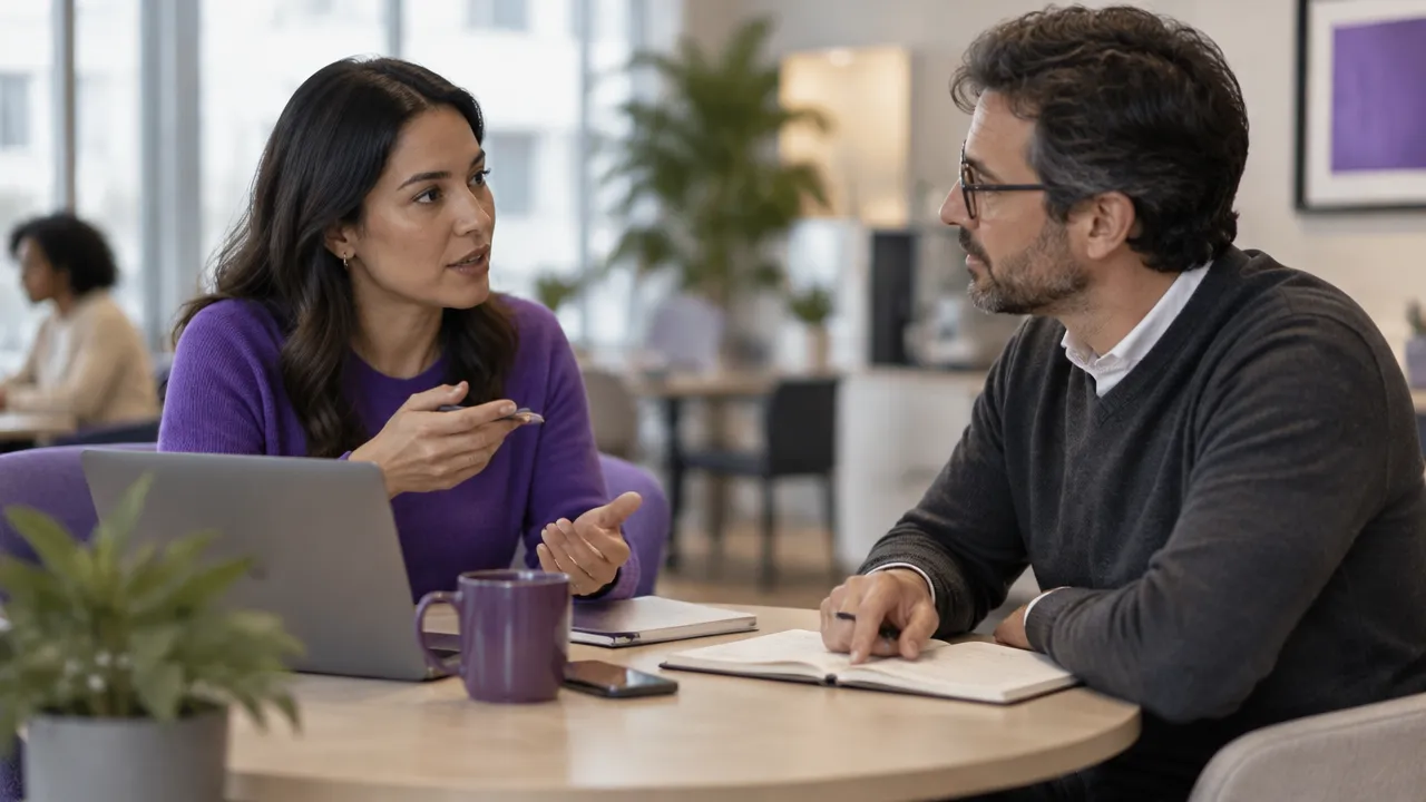 Nova integrante conversa com uma colega para esclarecer expectativas e aprender os processos da equipe