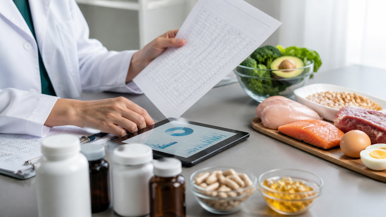 Nutricionista analisando exames e suplementação no acompanhamento após cirurgia bariátrica