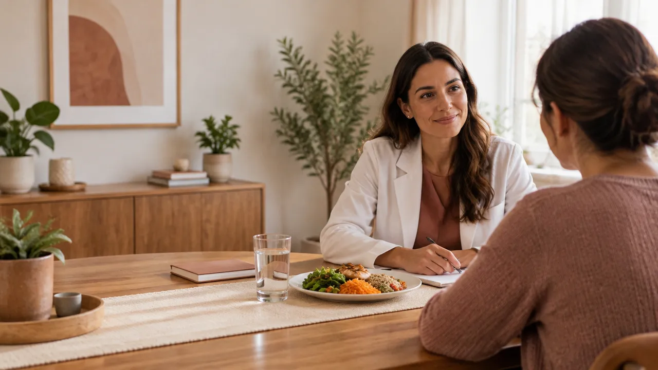 Nutricionista conversa com uma paciente em ambiente acolhedor, com alimentos cotidianos sobre a mesa