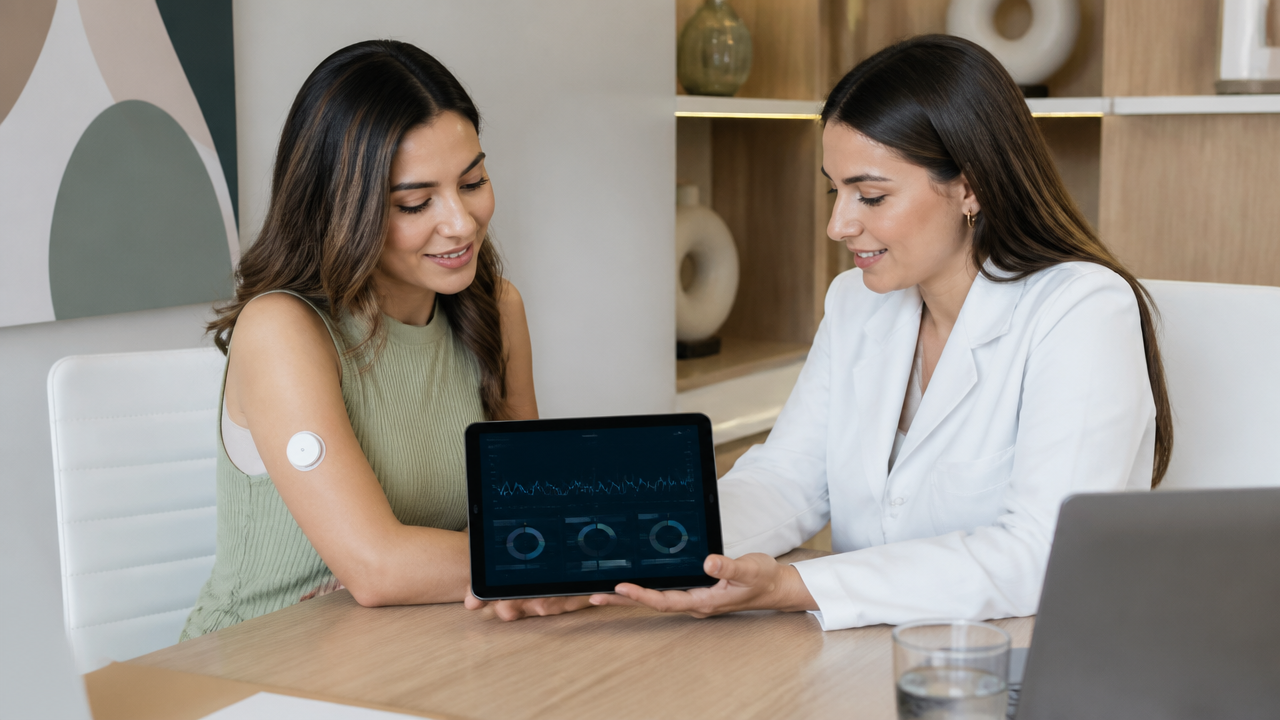 Nutricionista e paciente analisando dados de monitorização glicêmica em tablet durante consulta