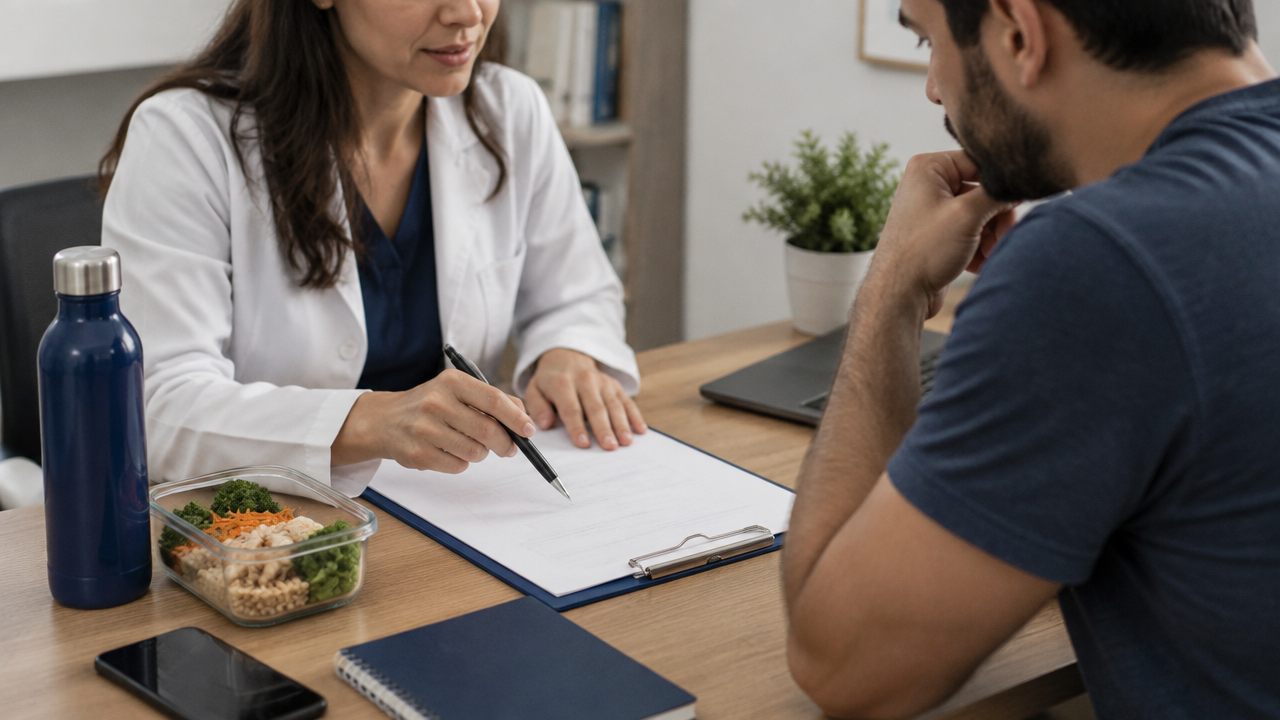 Nutricionista e paciente organizam informações da alimentação e da rotina antes de definir suplementos