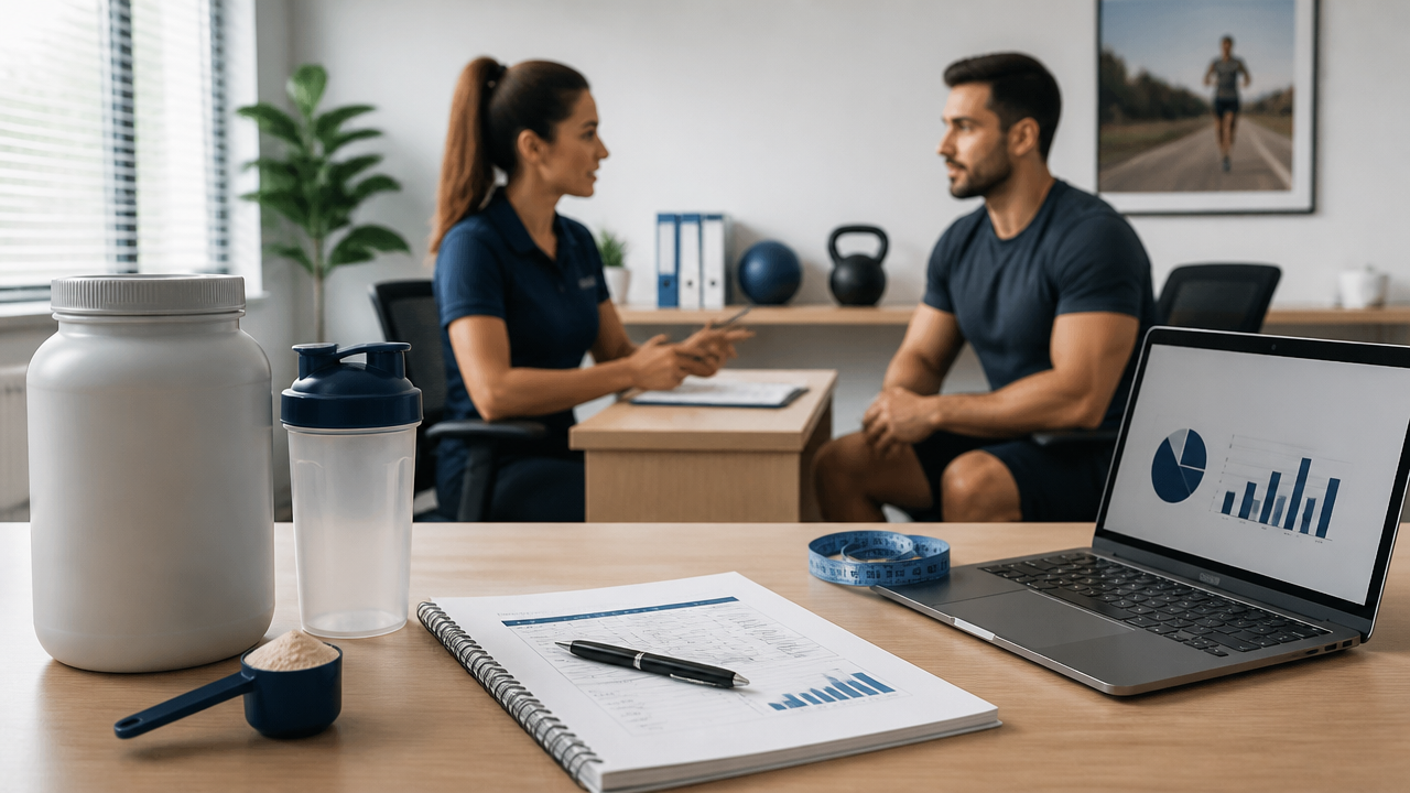 Nutricionista esportiva orientando suplementação personalizada para rotina de treino