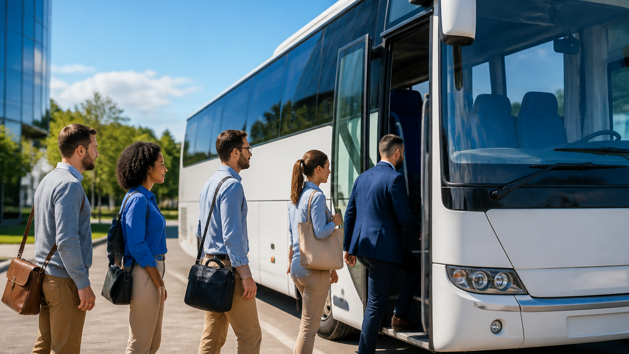 Micro-ônibus de fretamento embarcando passageiros em área corporativa urbana