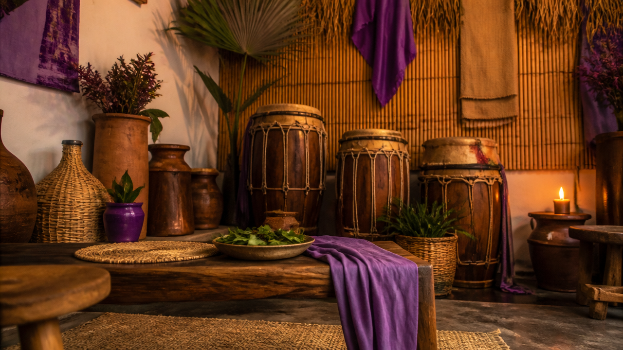 Objetos rituais e atabaques organizados em um espaço espiritual afro-brasileiro