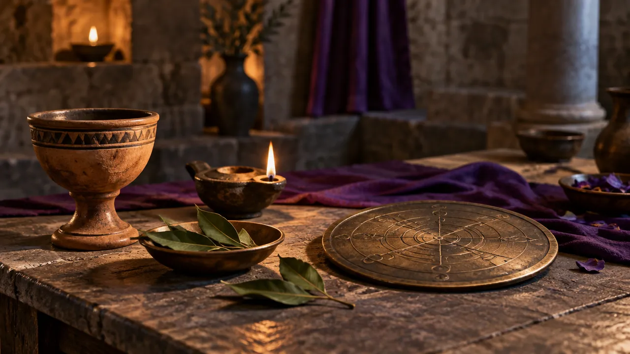 Objetos simbólicos antigos sobre uma mesa, ilustrando os elementos de um ritual teúrgico.