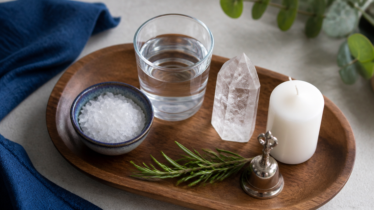 Objetos simples como vela, cristal, água, sal grosso e ervas organizados sobre uma mesa