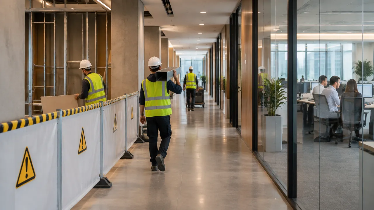 Obra corporativa isolada por barreiras em um escritório que permanece parcialmente em funcionamento.