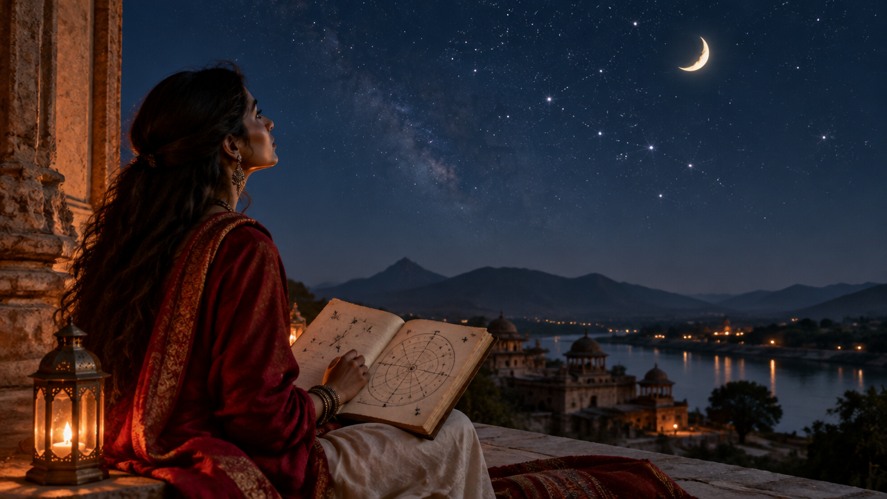 Observadora contempla a Lua e as estrelas enquanto consulta um diagrama celeste artesanal