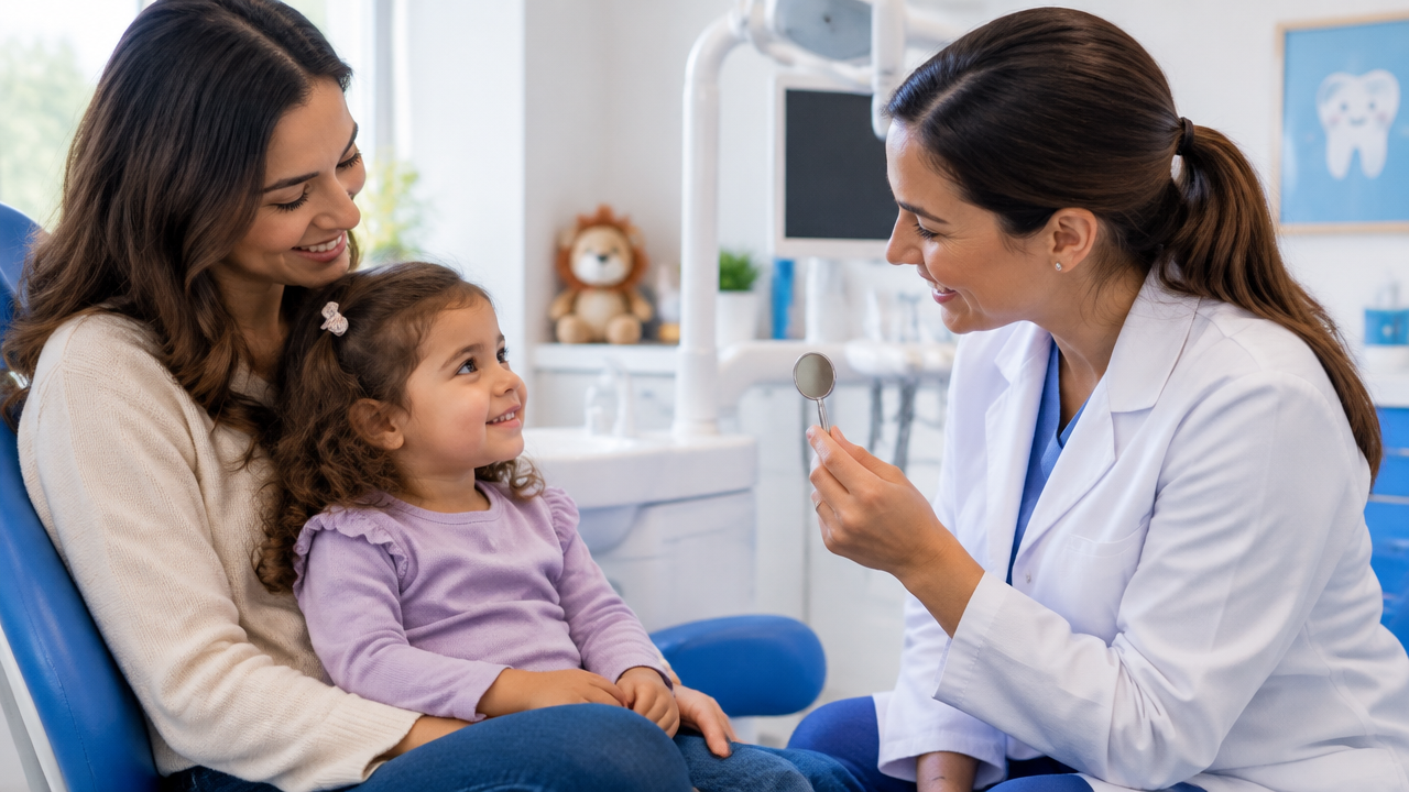 Odontopediatra explica o espelho dental a uma criança ao lado de seu responsável durante a consulta