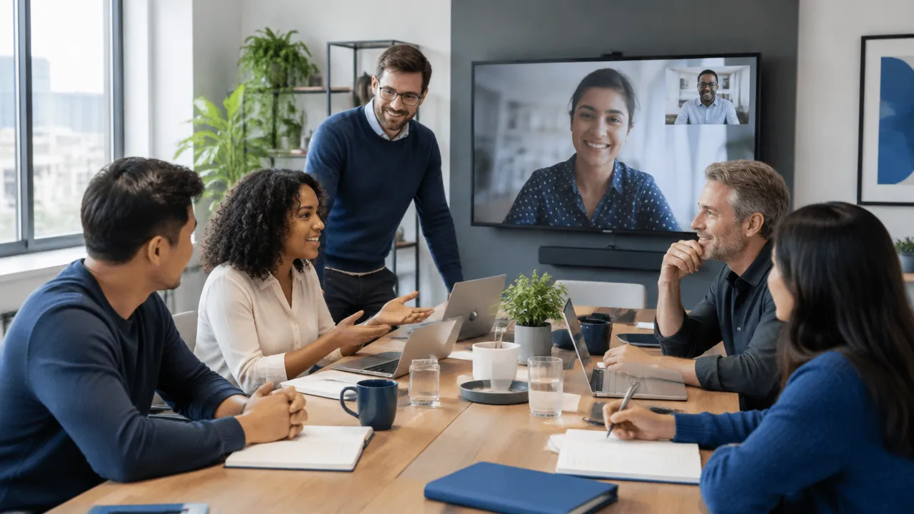 Office and remote colleagues collaborating in a hybrid meeting, with equal participation across the room and screen.