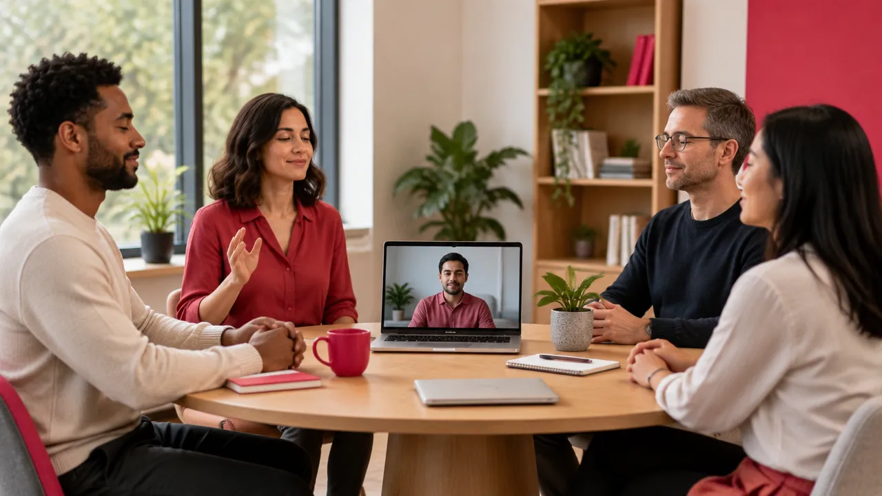 Office and remote coworkers sharing an optional breathing pause during a hybrid team check-in