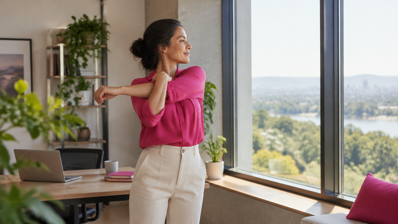 Office worker stretching beside a window and resting their eyes on distant greenery