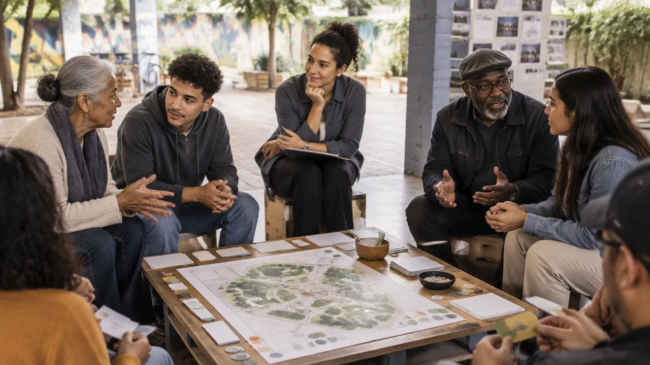 Oficina comunitária inclusiva com moradores contribuindo para o planejamento de uma praça