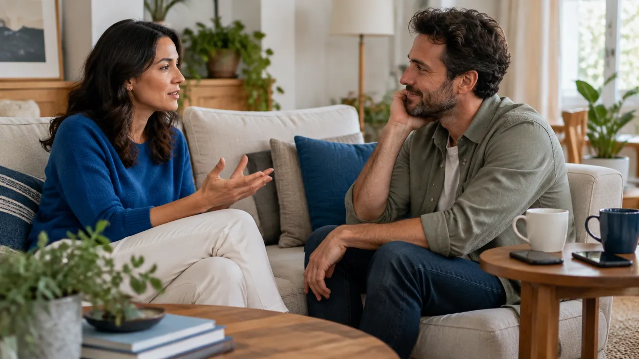 One partner listens attentively while the other speaks in a quiet living room