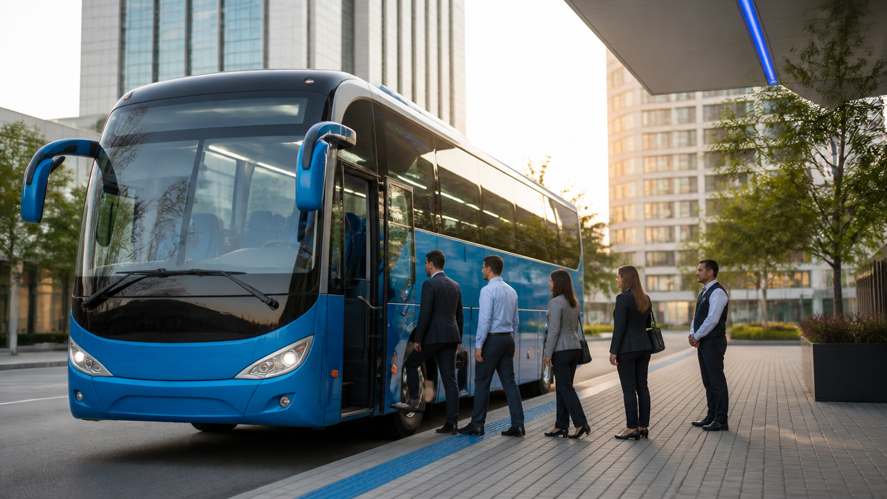 Ônibus de fretamento empresarial em embarque de funcionários na entrada de um centro corporativo