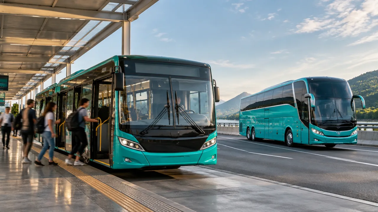 Ônibus urbano em terminal e ônibus rodoviário em viagem, mostrando aplicações diferentes