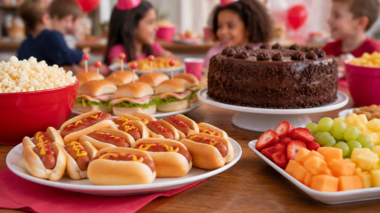 Opções acessíveis de lanche para aniversário infantil, com mini cachorro-quente, pipoca, sanduíches e frutas