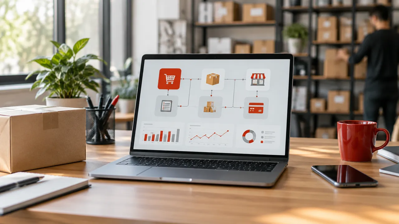 Operação de e-commerce com painel digital conectando pedidos, estoque e canais de venda