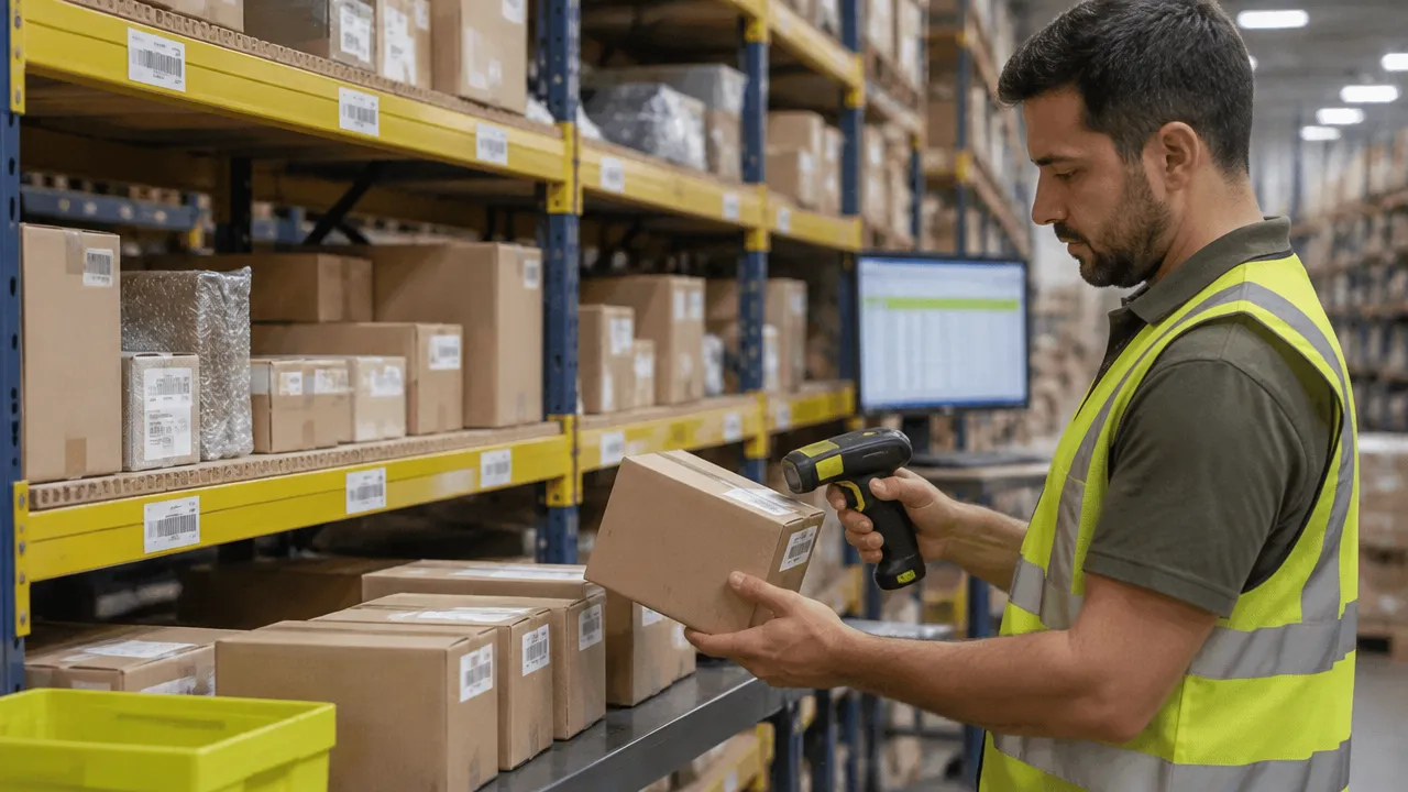 Operador de e-commerce contando produtos com leitor portátil durante inventário de estoque