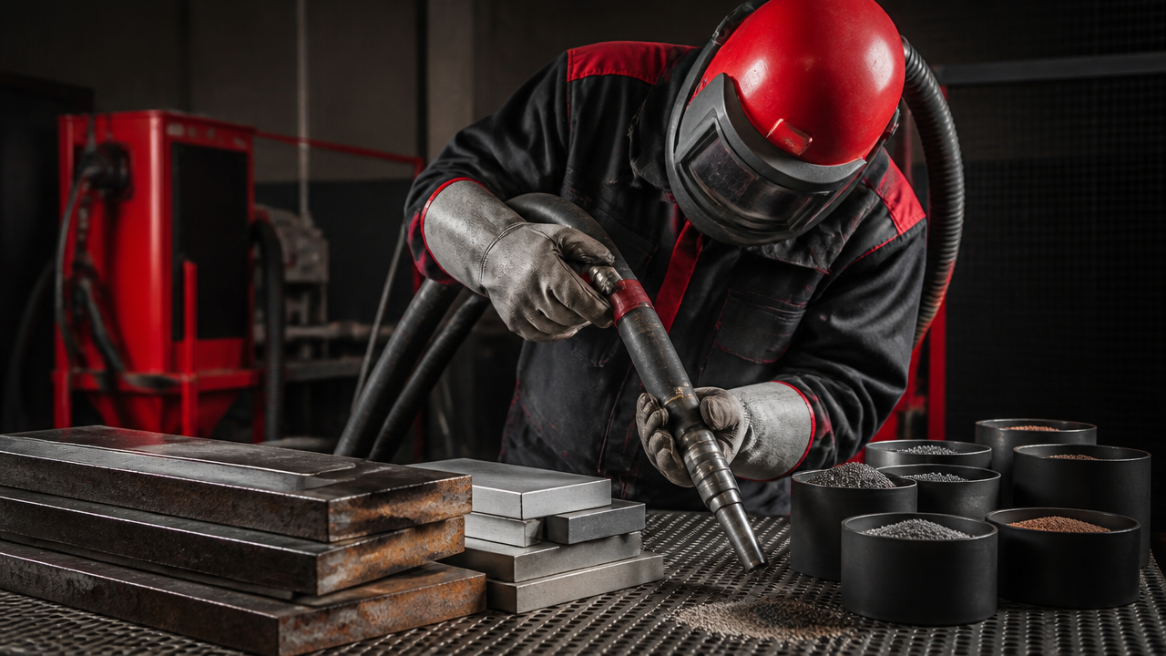 Operador preparando equipamento de jateamento e avaliando o abrasivo adequado para diferentes peças metálicas.