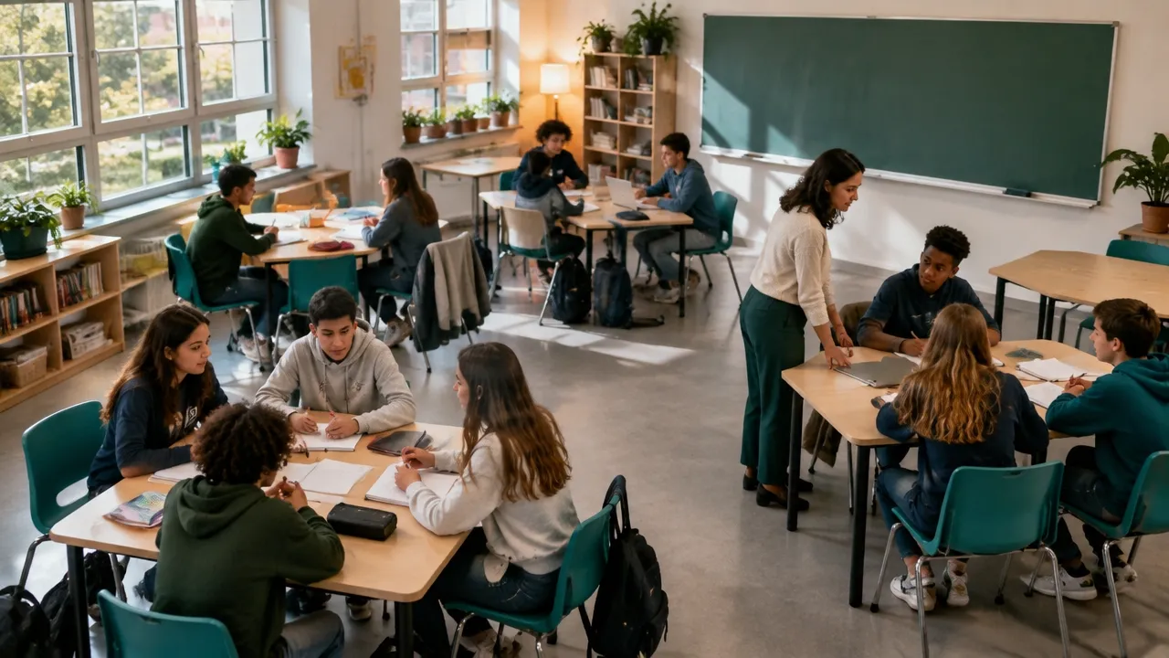 Organização flexível da sala mostra diferentes distâncias e formas de interação entre professora e estudantes
