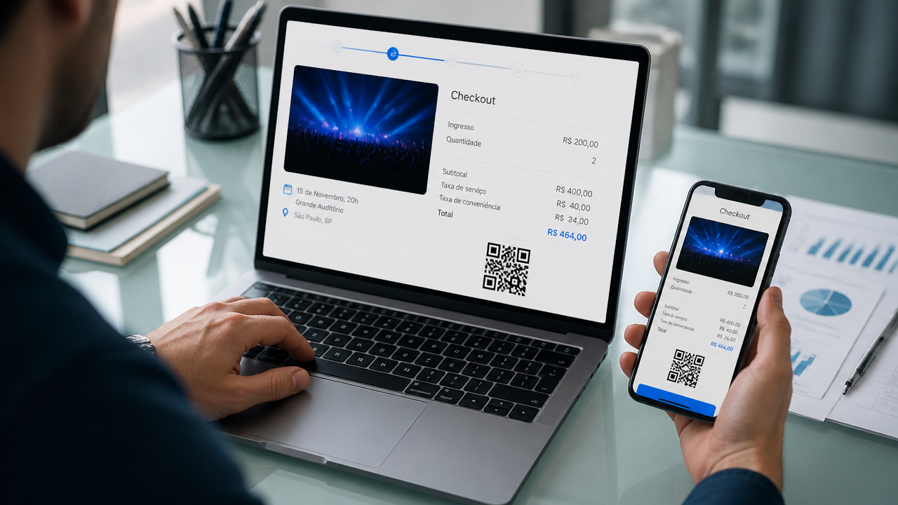 Organizador analisando compra de ingressos online com taxas exibidas de forma clara em notebook e celular